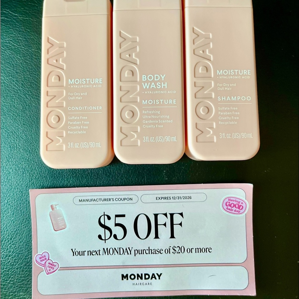 Monday Brand Travel Shampoo/conditioner/body wash, pouch, coupons keychain set - Picture 3 of 5